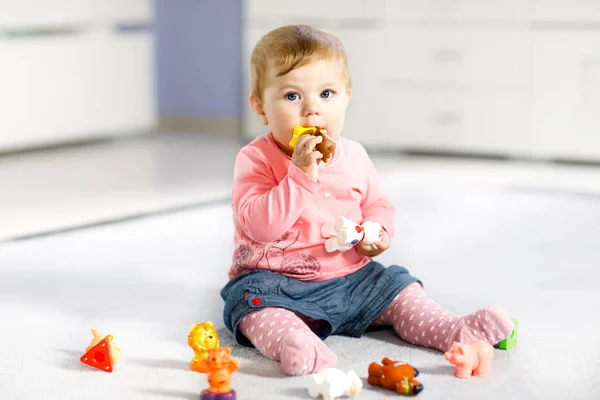 Adorable baby girl playing with domestic toy pets like cow, horse, sheep, dog and wild animals like giraffe, elephant and monkey. Happy healthy child having fun with colorful different toys at home — Stock Photo, Image