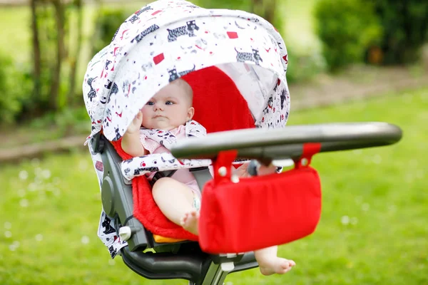 Bonito pequena menina bonita de 6 meses sentada no carrinho de bebê ou carrinho e esperando a mãe — Fotografia de Stock