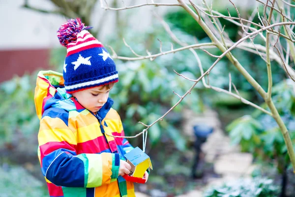 Niño colgando casa de pájaros en el árbol para alimentarse en invierno —  Fotos de Stock