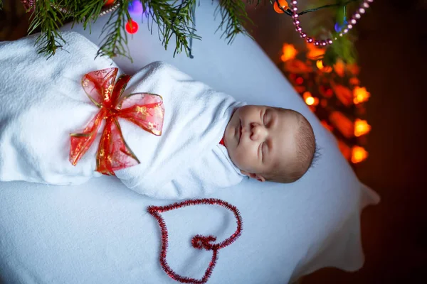 Bebé recién nacido de una semana envuelto en manta cerca del árbol de Navidad — Foto de Stock