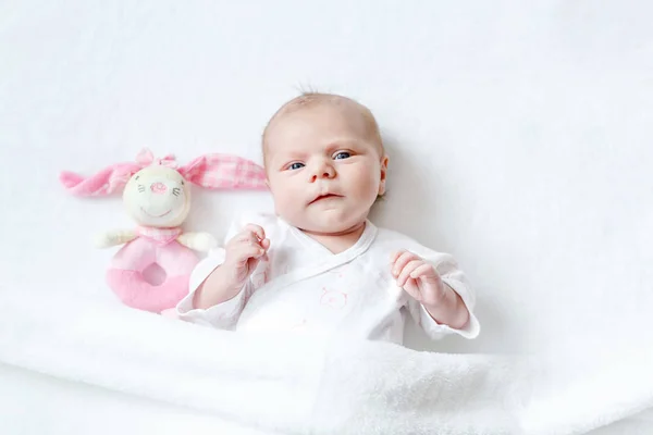 Cute baby girl playing with plush animal toy — Stock Photo, Image