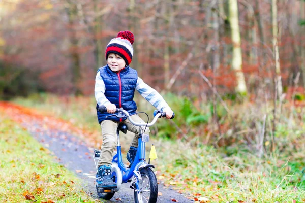 Little kid boy in colorful warm clothes in autumn forest park driving a bicycle — Stock Photo, Image