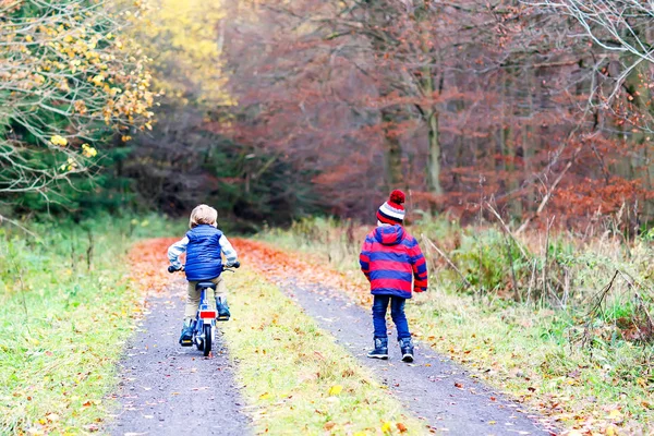 Two little kid boys with bicycles in autumn forest — Stock Photo, Image