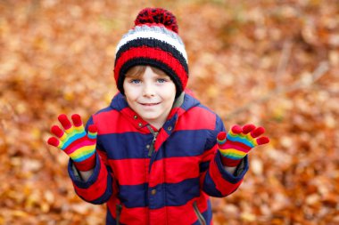 Sonbahar yaprakları arasında küçük şirin bir çocuk parkta..