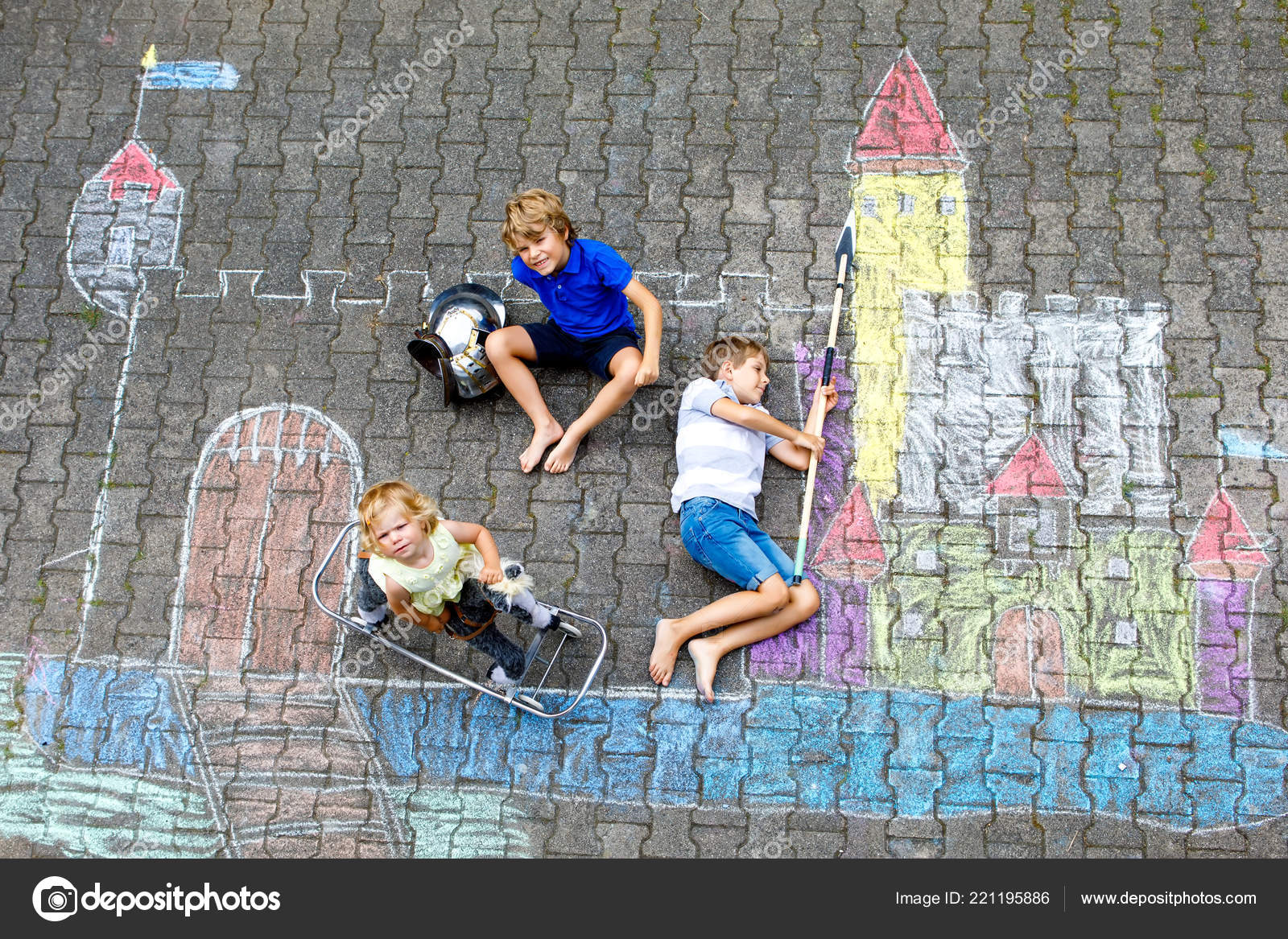 Two Little Kids Boys And Cute Toddler Girl Drawing Knight Castle With Colorful Chalks On Asphalt Happy Siblings And Friends Having Fun With Creating Chalk Picture And Painting Stock Photo By C Romrodinka Two Little Kids Boys And Cute Toddler Girl Drawing Knight Castle With Colorful Chalks On Asphalt Happy Siblings And Friends Having Fun With Creating Chalk Picture And Painting Stock Photo By C Romrodinka