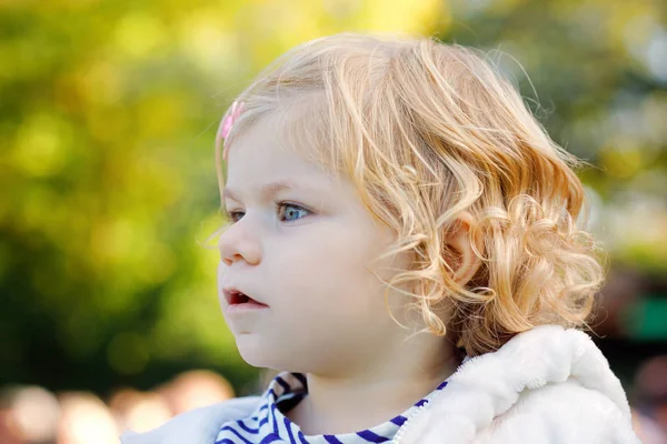 Kis aranyos kisgyermek lány ül a babakocsi vagy babakocsi, és sétálni portréja. Boldog aranyos baba gyerek szabadban szórakozik. — Stock Fotó