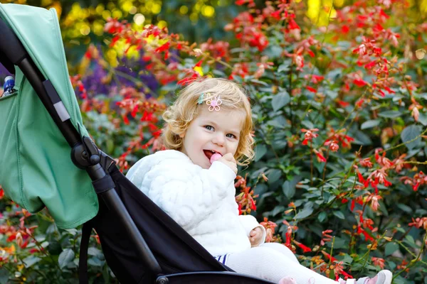 Portrét malé roztomilé batole dívka sedící v kočárku nebo v kočárku a jít na procházku. Happy cute baby dítě baví venku. — Stock fotografie