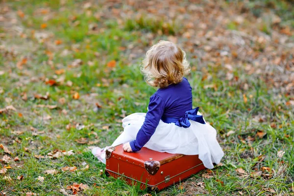 Cute little toddler girl sitting on suitcase in autumn park. Happy healthy baby enjoying walking with parents. Sunny warm fall day with child. Active leisure and activity with kids in nature. — Stock Photo, Image