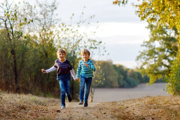 Two little school kids boys running and jumping in forest. Happy children, best friends and siblings having fun on warm sunny day early autumn. Twins and family, nature and active leisure. — Stock Photo, Image