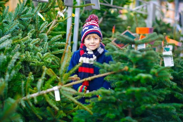 市場でクリスマスツリーを持っている愛らしい小さな笑顔の子供の男の子。アウトドアショップで大きなクリスマスツリーを選択し、購入冬のファッションの服で幸せな健康的な子供。家族、伝統、お祝い. — ストック写真