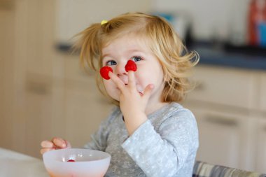 Taze ahududu yeme şirin güzel küçük yürümeye başlayan bir kız. Bebek Çocuk tatma ahududu. Sağlıklı gıda, çocukluk ve geliştirme. Mutlu çocuk evde veya kreş.