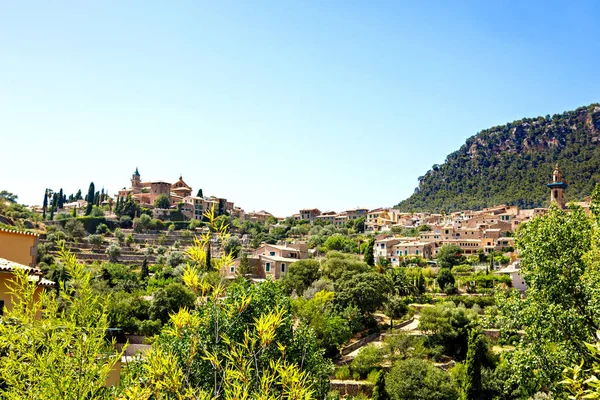 Δες την πόλη Valldemossa με παραδοσιακό λουλούδι διακόσμηση, περίφημη παλιό μεσογειακό χωριό της Μαγιόρκα. Βαλεαρίδες νησί Μαγιόρκα, Ισπανία — Φωτογραφία Αρχείου