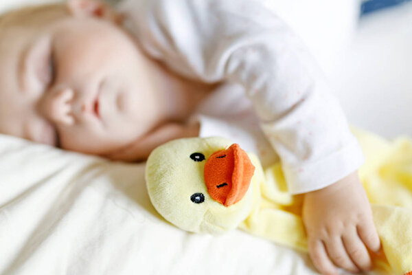 Cute adorable baby girl of 6 months sleeping peaceful in bed at home. Closeup of beautiful calm child, little newborn kid sleeping with plush toy duck.