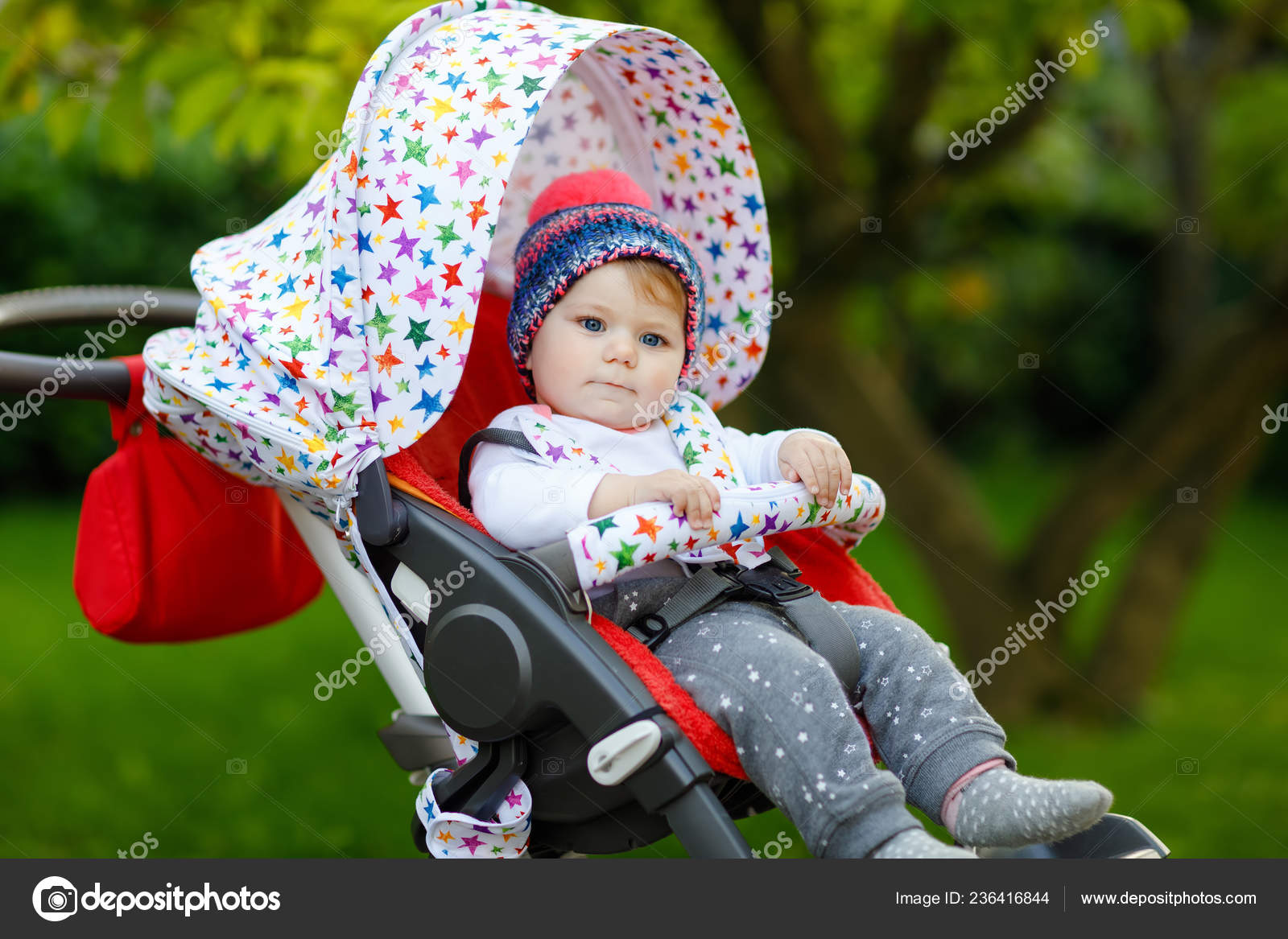 Cute Healthy Little Beautiful Baby Girl Blue Warm Hat Sitting Stock Photo By C Romrodinka