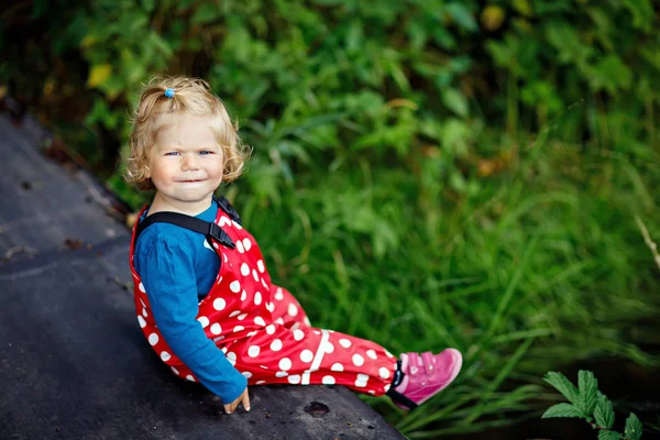 可爱可爱的女孩坐在木桥和投掷小石头到小溪。有趣的宝宝玩户外游戏的自然. — 图库照片
