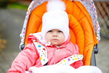 Sonbahar günü bebek arabasında ya da bebek arabasında oturan küçük tatlı bir kız bebek. Mutlu sağlıklı çocuk sıcak giysiler içinde temiz havada yürüyüşe çıkıyor. Sarı sonbahar akçaağaçlı bebek renkli giysiler içinde