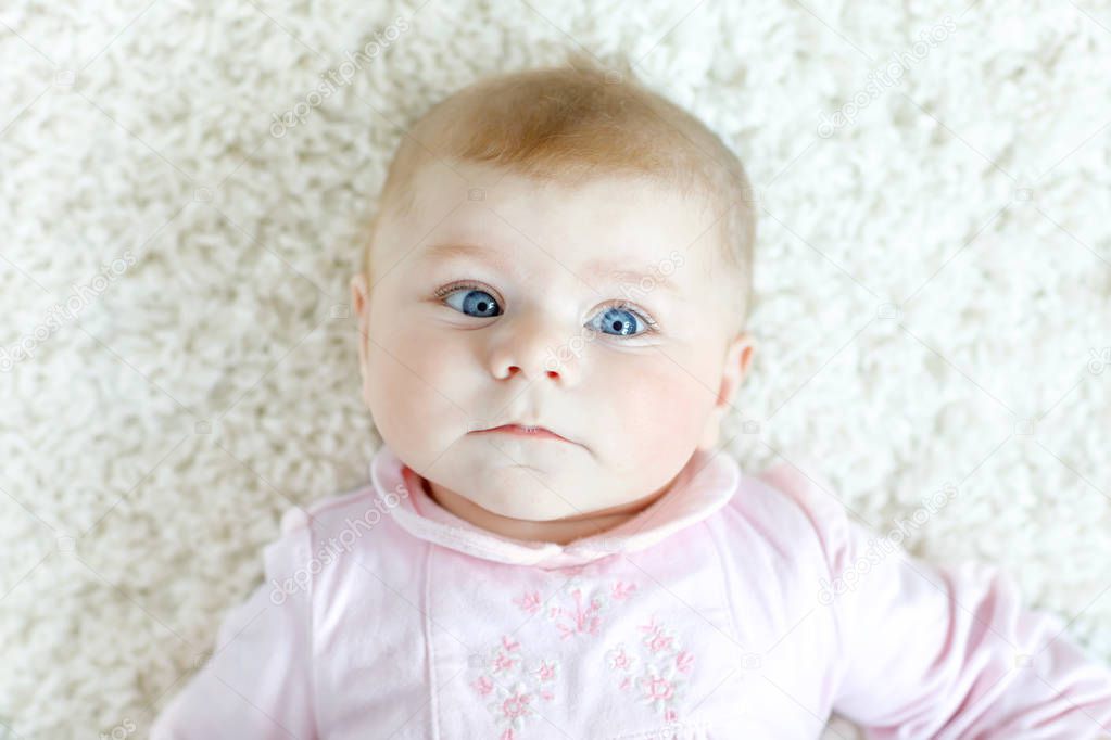 Close-up of a two or three months old baby girl with blue eyes. Newborn child, little adorable smiling and attentive girl looking surprised at the camera. Family, new life, childhood concept.