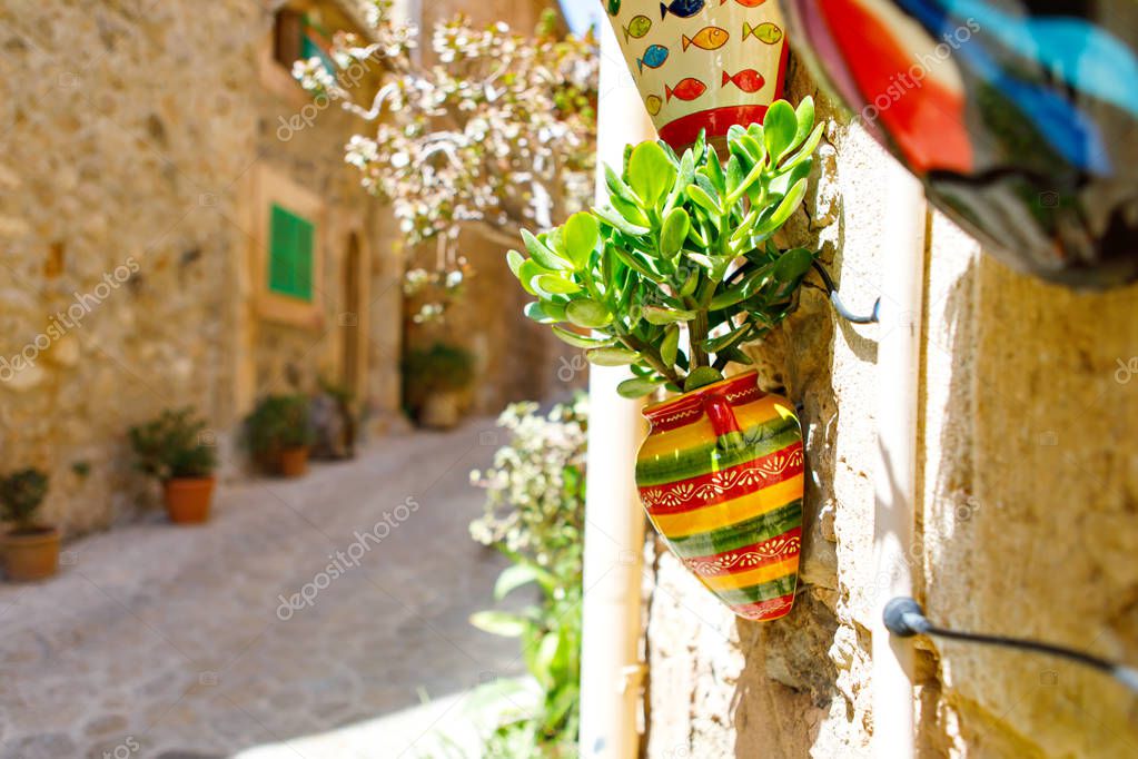 Beautiful street in Valldemossa with traditional flower decoration, famous old mediterranean village of Majorca. Balearic island Mallorca, Spain