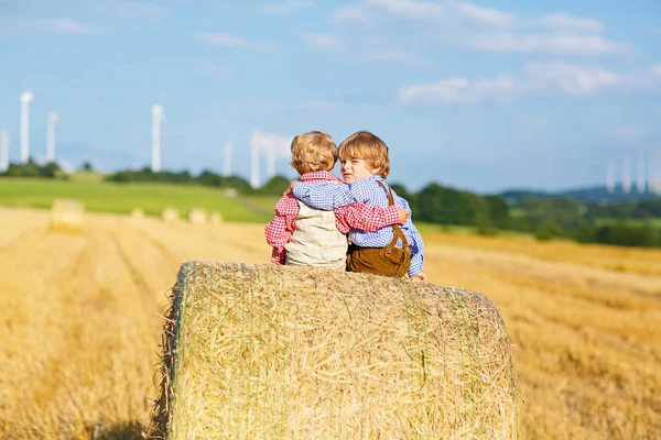 Deux petits garçons, jumeaux et frères et sœurs assis lors d'une chaude journée d'été sur une pile de foin dans un champ de blé. Des enfants heureux jouant ensemble. Meilleurs amis, famille, bonheur. Enfants en vêtements bavarois traditionnels. — Photo
