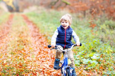Sonbahar Ormanı Parkı 'nda renkli, sıcak giysiler içinde bisiklet süren küçük çocuk. Doğada güneşli bir sonbahar gününde bisiklet süren aktif bir çocuk. Güvenlik, spor, çocuk konseptiyle eğlence. Çocuklar için gündelik moda.
