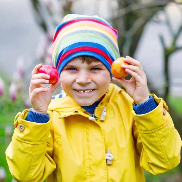 可爱可爱可爱的小男孩在复活节寻蛋。快乐的孩子在家庭花园寻找和寻找五颜六色的鸡蛋。在寒冷的日子里, 男孩穿着春天的衣服。老基督徒和宽容传统. — 图库照片