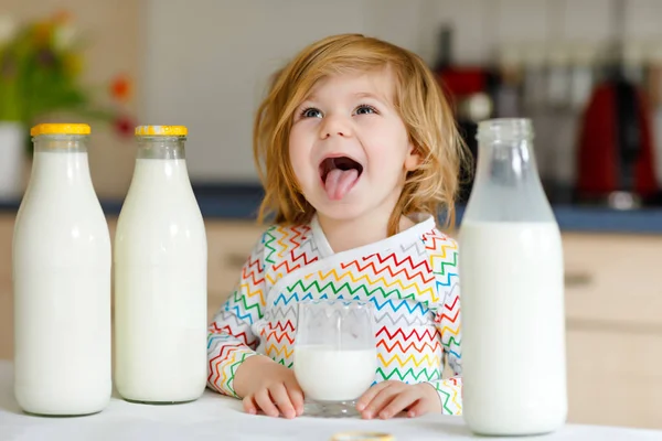 Schattig peutermeisje dat koemelk drinkt als ontbijt. Schattige kleine dochter met veel flessen. Gezond kind dat melk als gezondheidscalciumbron heeft. Kind thuis of in de kinderkamer in de ochtend. — Stockfoto