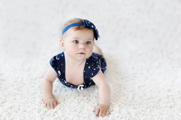 Söt bedårande baby flicka i blå kläder och pannband. lilla barnet tittar på kameran och kryper. Barnet lär sig hastigt på vit bakgrund. Porträtt av glada dotter. Babykläder mode. — Stockfoto