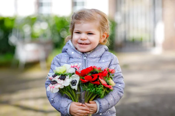 春の庭に赤と白のランクラスの花を持つ小さな幼児の美しい女の子。母の日のために母の日のための贈り物として新鮮なカラフルな花束を保持する幸せなかわいい赤ちゃん. — ストック写真