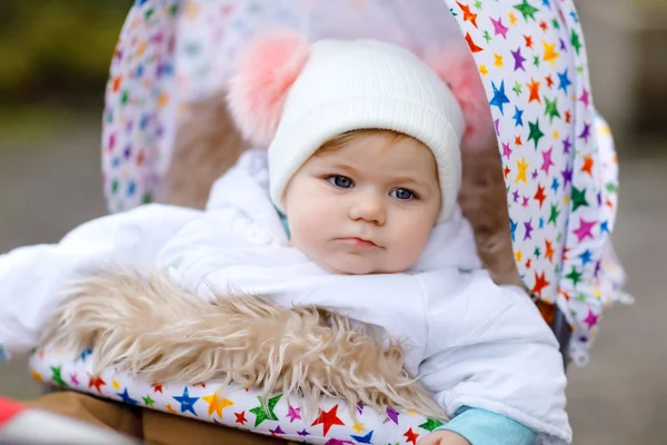 Carino piccola bella bambina seduta nella carrozzina o passeggino il giorno d'autunno. Buon bambino sano che va a fare una passeggiata all'aria aperta in vestiti caldi. Bambino con in abiti colorati e cappello con noccioline — Foto Stock