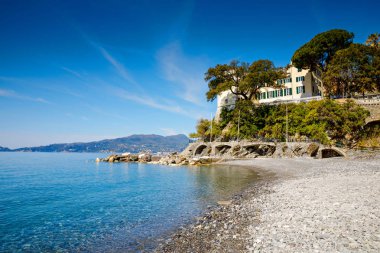 İtalya'nın Liguria bölgesinde Akdeniz sahilinde nefes kesen manzara. Zoagli, Cinque Terre ve Portofino Awesome manzara. Renkli evleri ile güzel İtalyan şehri.