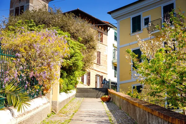 Barvité domy v italské oblasti Liguria. Úžasná vesnice Zoagli, Cinque Terre a Portofino. Nádherné úžasné italské město na riviéře Středozemního moře — Stock fotografie
