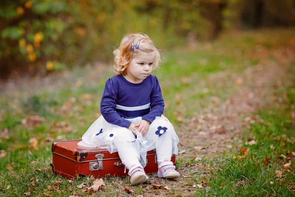 Linda niña pequeña sentada en la maleta en el parque de otoño. Feliz bebé sano disfrutando de caminar con los padres. Día de otoño cálido y soleado con el niño. Ocio activo y actividad con niños en la naturaleza . —  Fotos de Stock