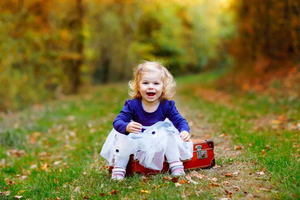 Schattig klein peuter meisje zittend op koffer in herfst park. Gelukkig gezonde baby genieten van wandelen met ouders. Zonnige, warme herfstdag met kind. Actieve ontspanning en activiteiten met kinderen in de natuur. — Stockfoto