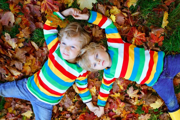 Dois meninos pequenos das crianças gêmeas que encontram-se nas folhas do outono na roupa colorida da forma. Irmãos felizes se divertindo no parque de outono no dia quente. Crianças saudáveis com cabelos loiros e olhos azuis com folhagem de bordo. — Fotografia de Stock