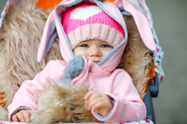 Sevimli küçük güzel kız bebek arabası veya bebek arabası sonbahar gününde oturan. Sıcak giysiler, moda şık bebek ceket mutlu gülümseyen çocuk. Sağlıklı bebek ebeveynleri ile temiz havada yürümek için gidiyor