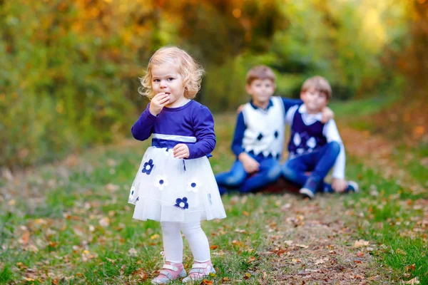 Retrato de três irmãos filhos. Pouco bonito menina irmã criança e dois filhos irmãos meninos no fundo se divertindo juntos na floresta de outono. Família feliz e saudável — Fotografia de Stock