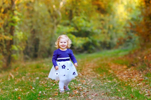 Söt liten toddler flicka gör en promenad genom hösten park. Glad friskt barn njuter av promenader med föräldrar. Soliga varma höst dag med barn. Aktiv fritid och aktivitet med barn i naturen. — Stockfoto