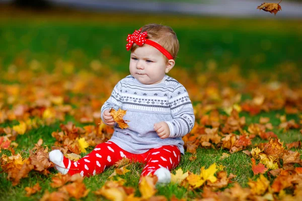 Adorable niña en el parque de otoño en el soleado día cálido de octubre con hojas de roble y arce. Follaje de otoño. Diversión familiar al aire libre en otoño. niño sonriendo. — Foto de Stock