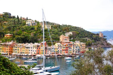 Portofino 'nun küçük limanında renkli evleri, lüks tekneleri ve yatları olan güzel küçük bir köyü var. Liguria, İtalya. Sıcak bir yaz gününde