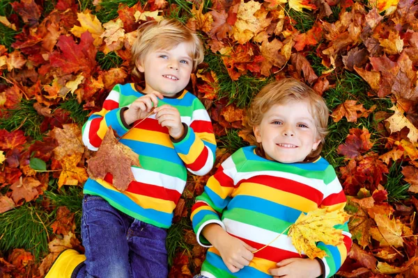 Two little twin kids boys lying in autumn leaves in colorful fashion clothing. Happy siblings having fun in autumn park on warm day. Healthy children with blond hairs and blue eyes with maple foliage. — Stock Photo, Image