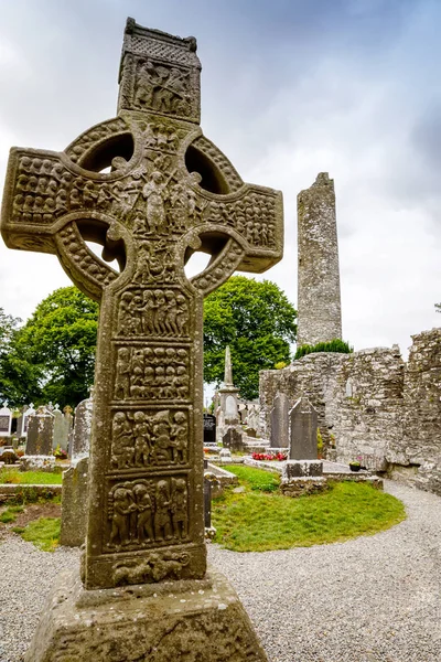 Muiredachs Cross, Monasterboice Monastery in southern Ireland. Celtic High Cross in the historic ruins of Monasterboice, an early Christian settlement near Drogheda in County Louth, Ireland