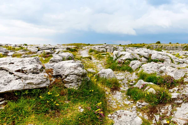 Poulnabrone Dolmen en Irlanda, Reino Unido. en Burren, condado de Clare. Periodo del Neolítico con un paisaje espectacular. Expuesto kárstico roca caliza en el Parque Nacional de Burren. Naturaleza irlandesa áspera . — Foto de Stock