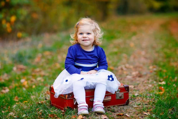 Schattig klein peuter meisje zittend op koffer in herfst park. Gelukkig gezonde baby genieten van wandelen met ouders. Zonnige, warme herfstdag met kind. Actieve ontspanning en activiteiten met kinderen in de natuur. — Stockfoto