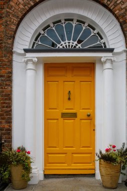 Dublin, İrlanda 'da renkli Gürcü kapıları. İngiltere Kralı George 'un İrlanda' nın Dublin kentindeki yasal saltanatını protesto etmek için farklı renklere boyanmış tarihi kapılar.
