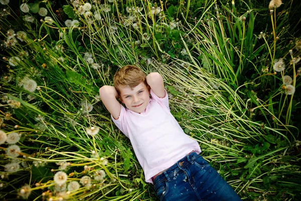 Adorable cute school boy laying on grass on a dandelion flower field the nature in the summer. Happy healthy beautiful child with blowball, having fun. Bright sunset light, active kid. — Stock Photo, Image