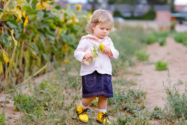 Linda niña adorable en el campo de girasol con flores amarillas. Hermoso bebé con cabellos rubios. Feliz hijita sana, sonriendo y sosteniendo el ramo. Retrato al aire libre el día de verano . —  Fotos de Stock