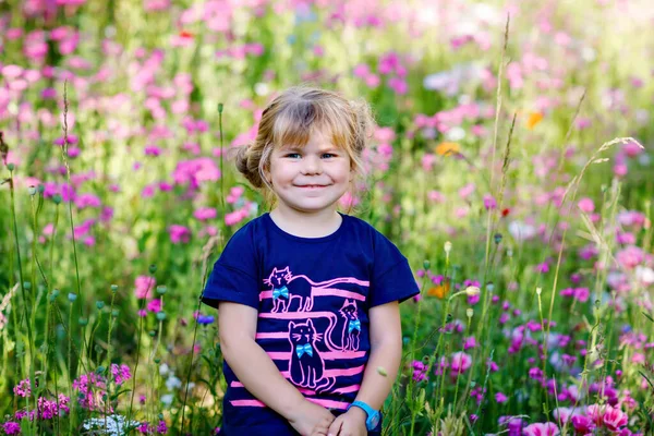 Портриат очаровательной, очаровательной малышки на цветочном лугу. Счастливый ребенок в летний день с цветными цветами, на улице. Счастье и лето. — стоковое фото