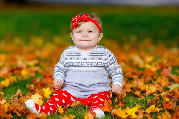 Schattig klein meisje in het najaar park op zonnige warme oktober dag met eiken en esdoorn blad. Val gebladerte. Familie buitenpret in de herfst. kind glimlachend. — Stockfoto