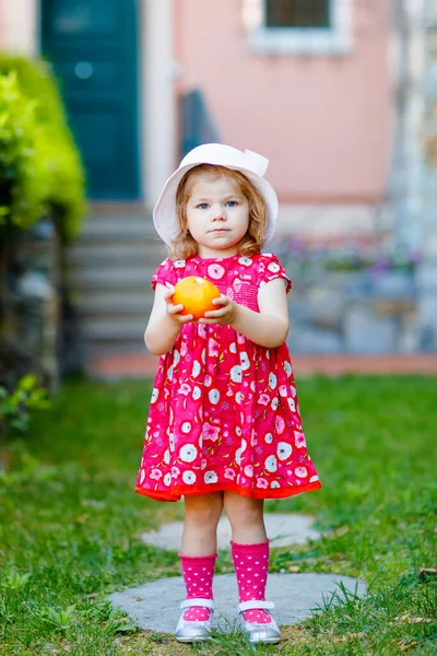 Πορτρέτο του όμορφο μικρό γοργών υπέροχο κορίτσι νήπιο σε ροζ καλοκαίρι εμφάνιση ρούχα, φόρεμα μόδας, κάλτσες γόνατο και καπέλο. Χαρούμενο υγιές μωρό παιδί μπροστά από πολύχρωμο σπίτι κρατώντας πορτοκαλί στα χέρια — Φωτογραφία Αρχείου