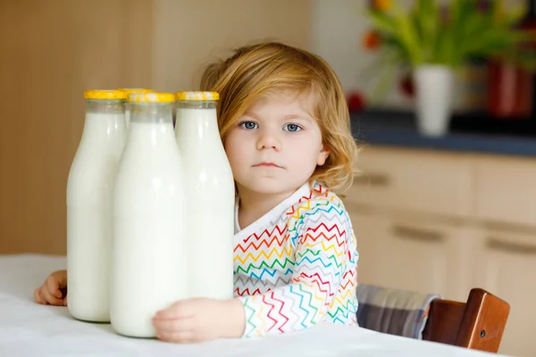 Schattig peutermeisje dat koemelk drinkt als ontbijt. Schattige kleine dochter met veel flessen. Gezond kind dat melk als gezondheidscalciumbron heeft. Kind thuis of in de kinderkamer in de ochtend. — Stockfoto